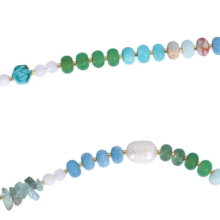 Colorful beaded necklaces with turquoise and green stones.