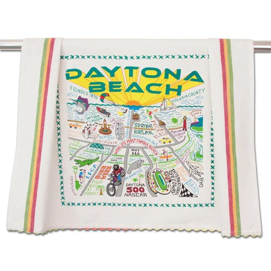 Daytona Beach towel with colorful map and landmarks illustration.