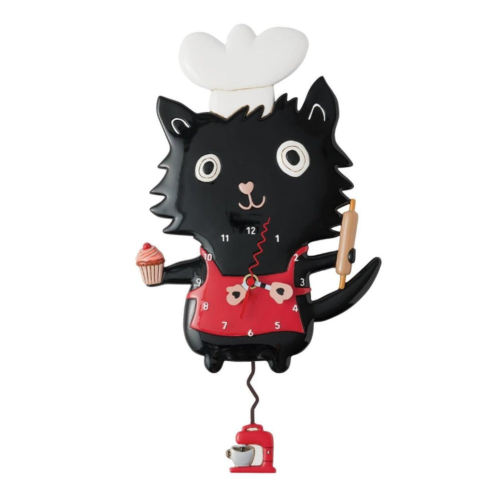 Cat clock with a chef hat, holding a cupcake and a rolling pin.
