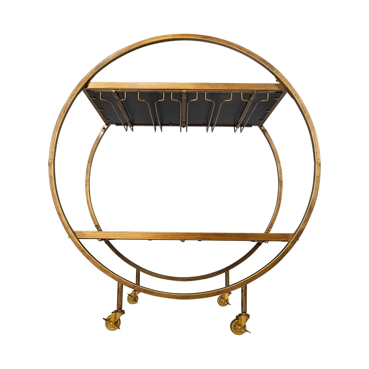 Round gold bar cart with caster wheels and a geometric shelf design.