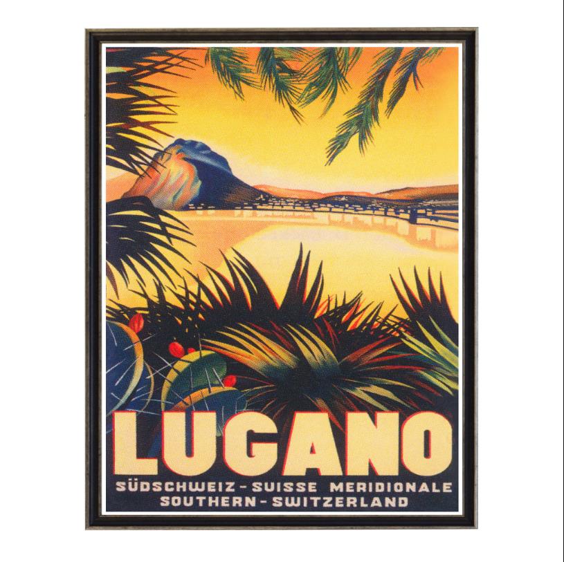 Vintage Lugano travel poster, with colorful sunset and lush greenery.