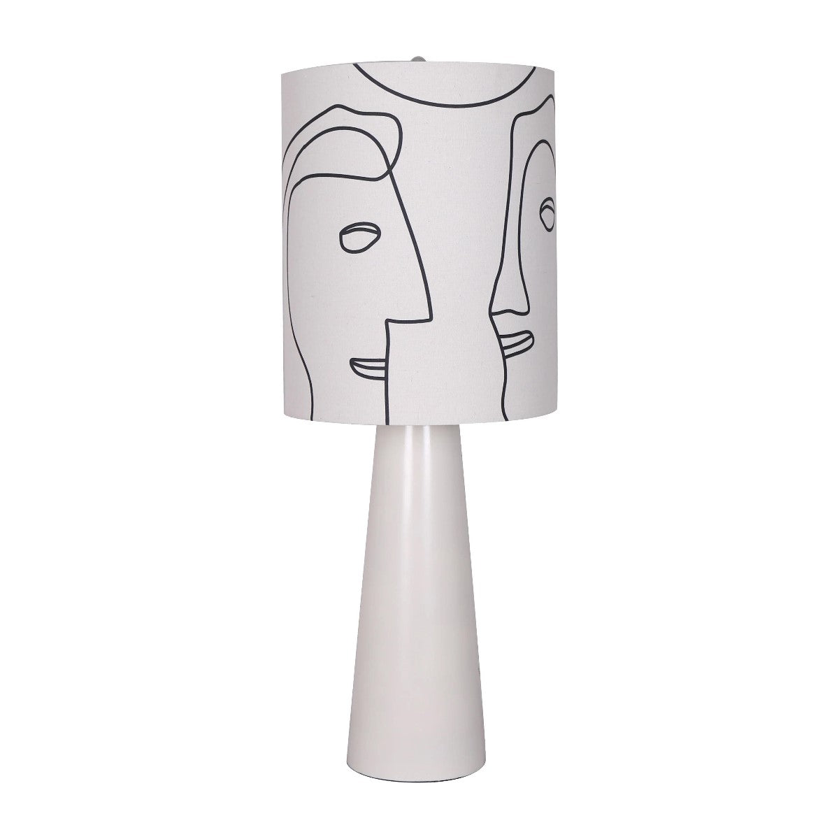 Modern lamp with abstract face design on the shade.