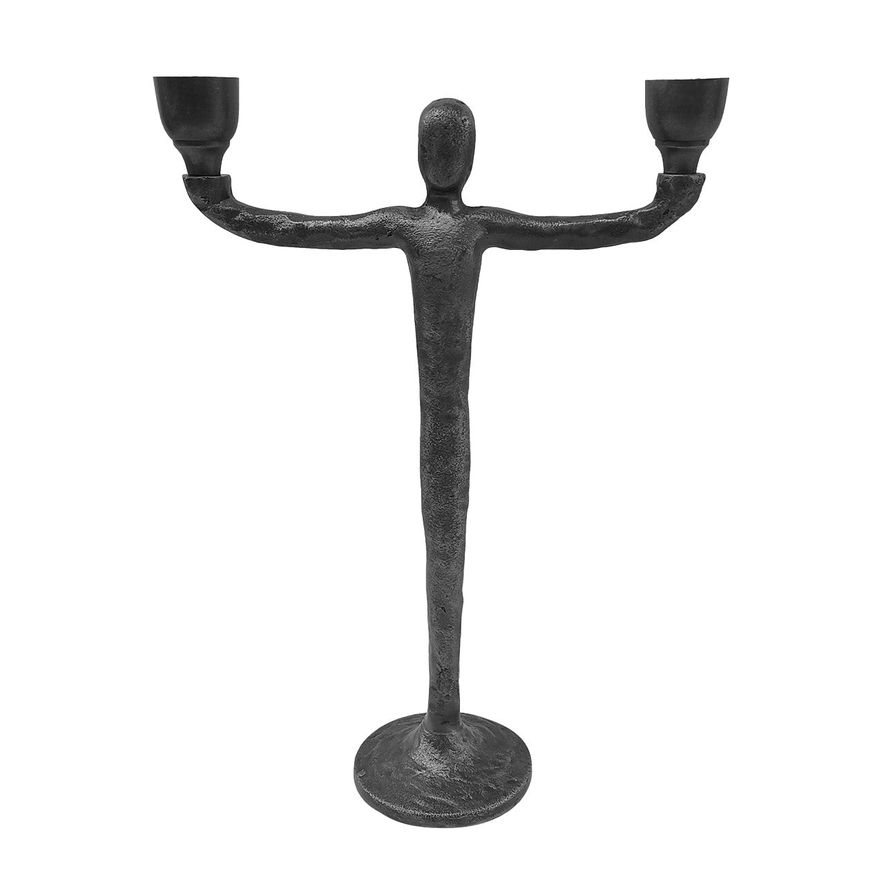 A stylized metal figure holding two cup-shaped candle holders.
