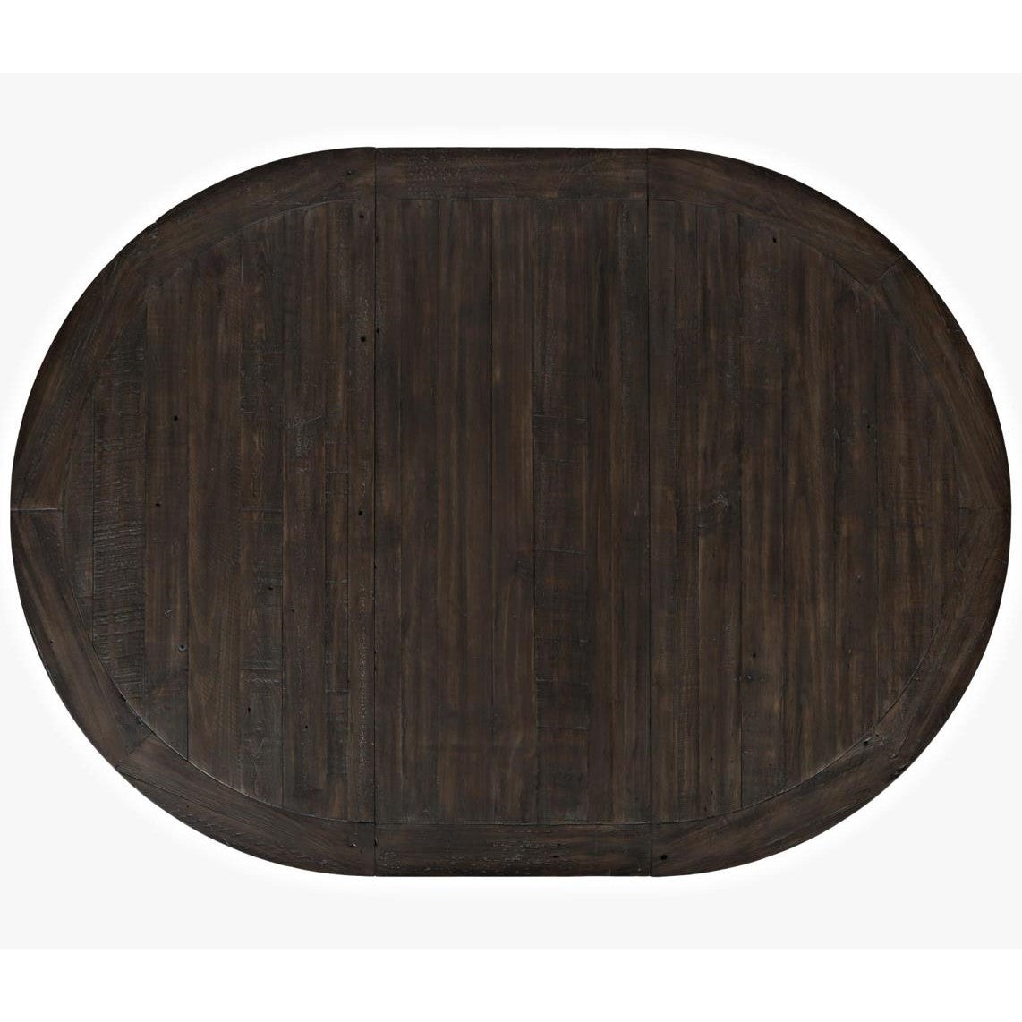 Dark wooden oval table viewed from above.