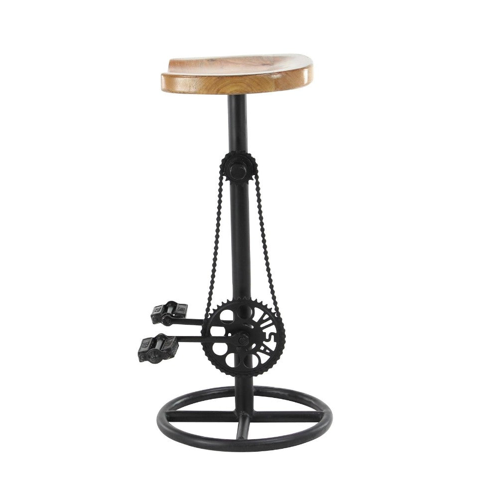 Bar stool with a bike pedal and chain design, featuring a wooden seat.