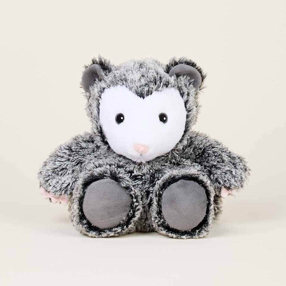 Cute plush opossum with fluffy grey fur and white face.