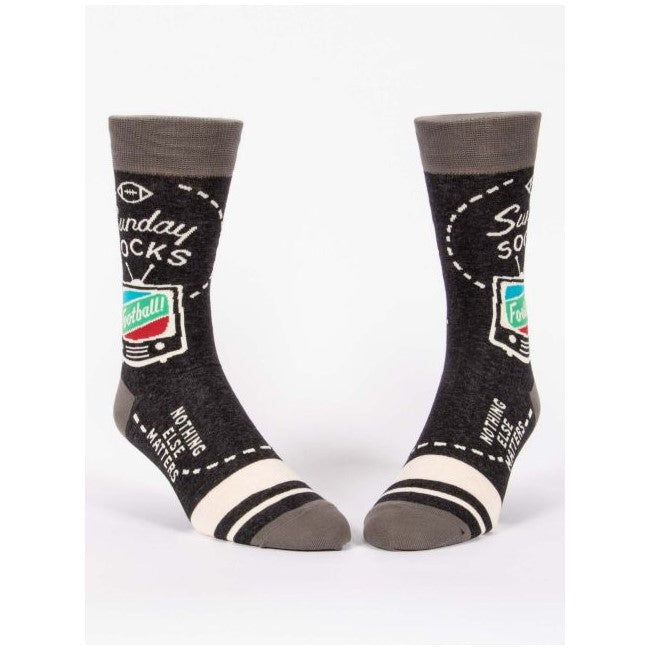 Gray socks with "Sunday Socks" and football design.