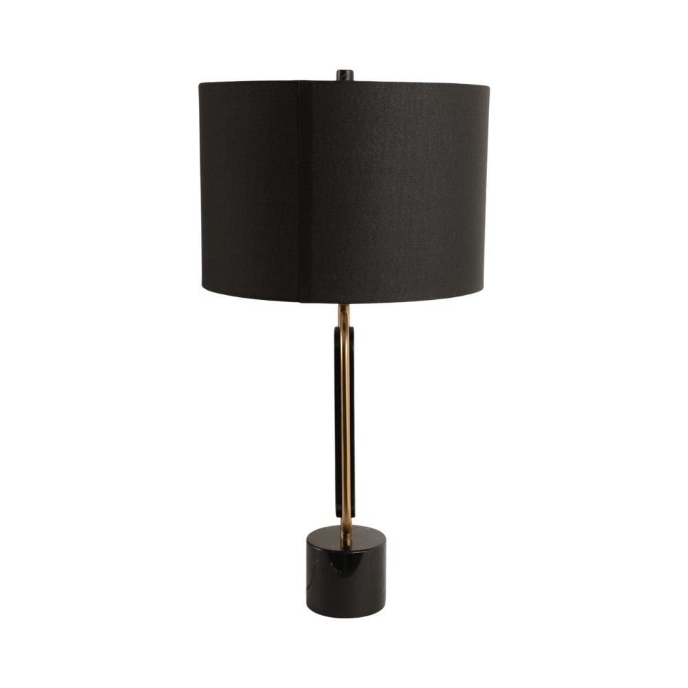 Modern table lamp with a black shade and gold accents.