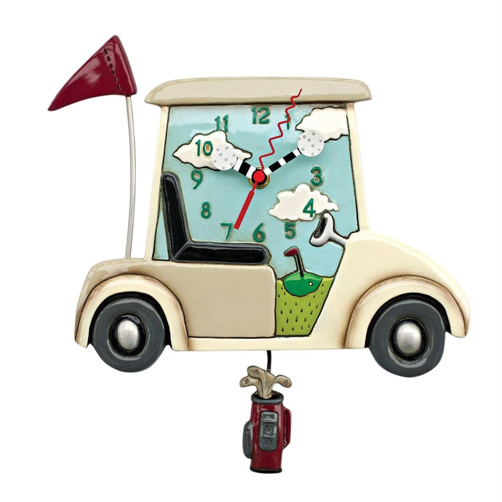 Golf cart-themed wall clock with club pendulum.