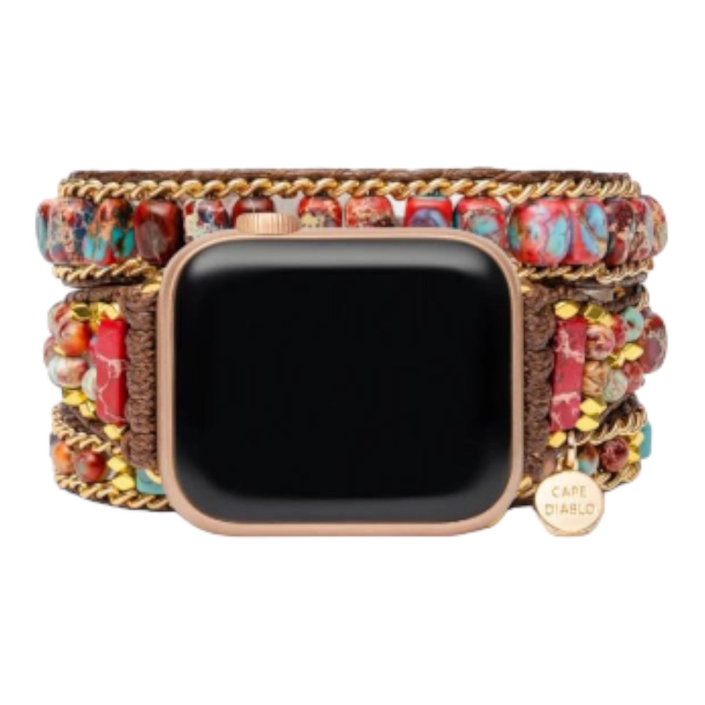 Smartwatch with a colorful beaded band and gold chain accents.