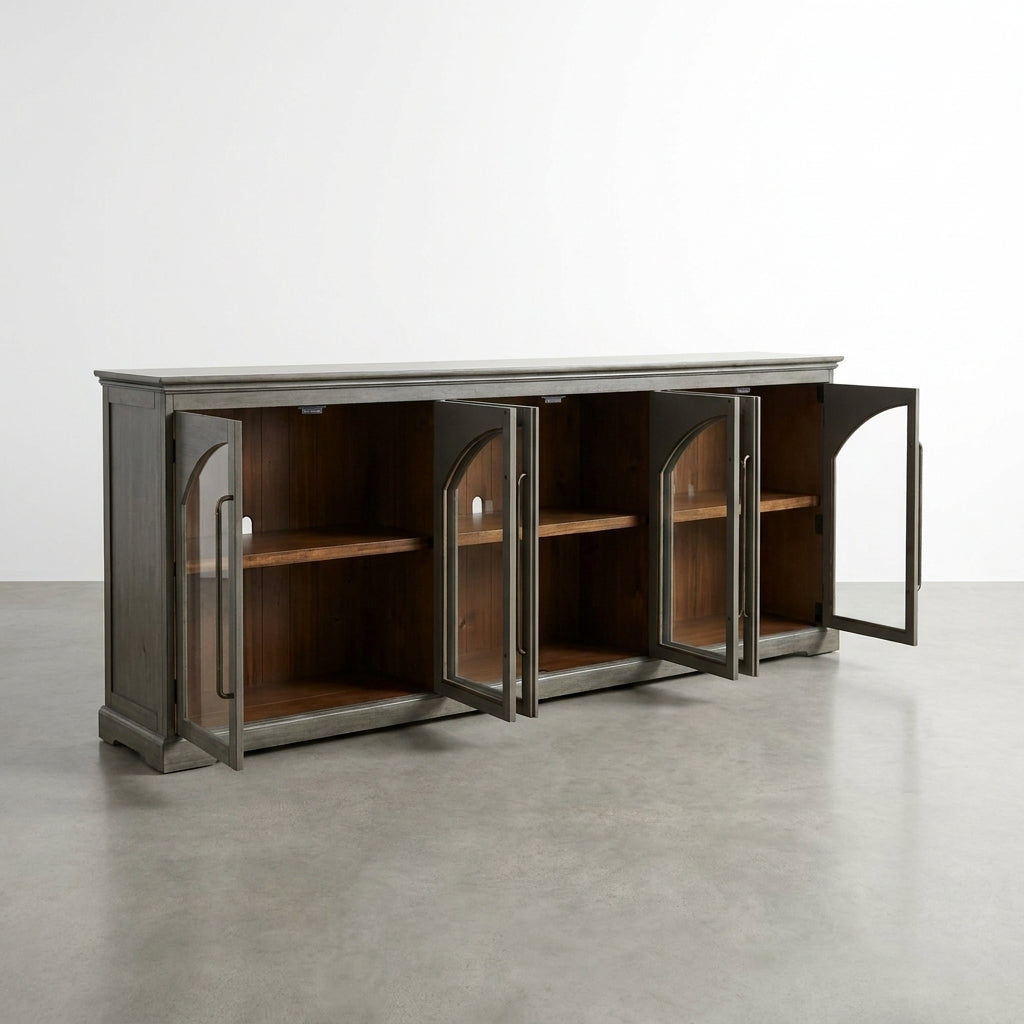 Wooden cabinet with open glass doors revealing shelves inside.
