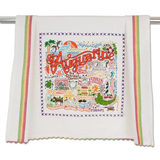 Colorful tea towel with "St. Augustine" themed illustrations.