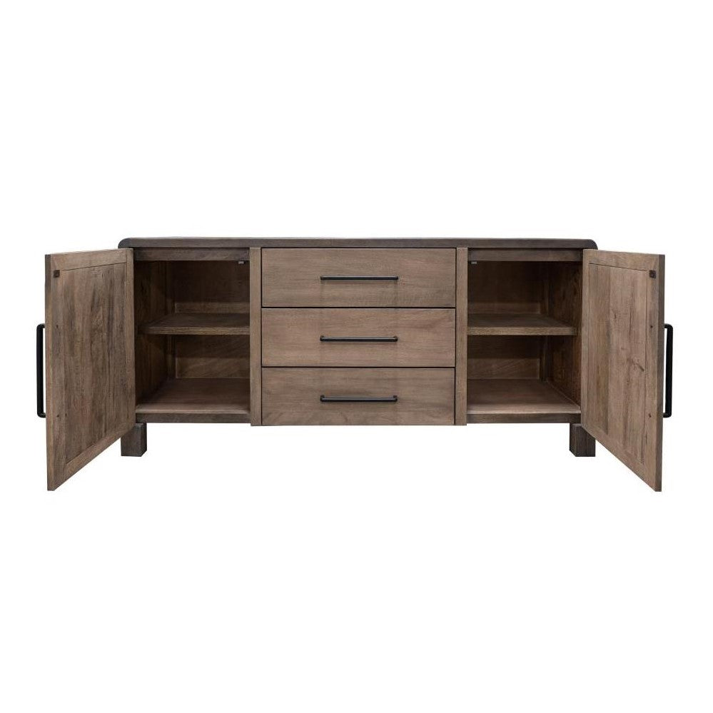 Wooden sideboard with open cabinets and three central drawers.