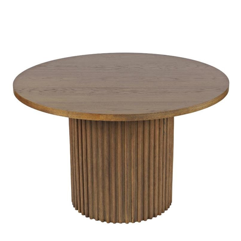 Round wooden table with a ribbed cylindrical base.