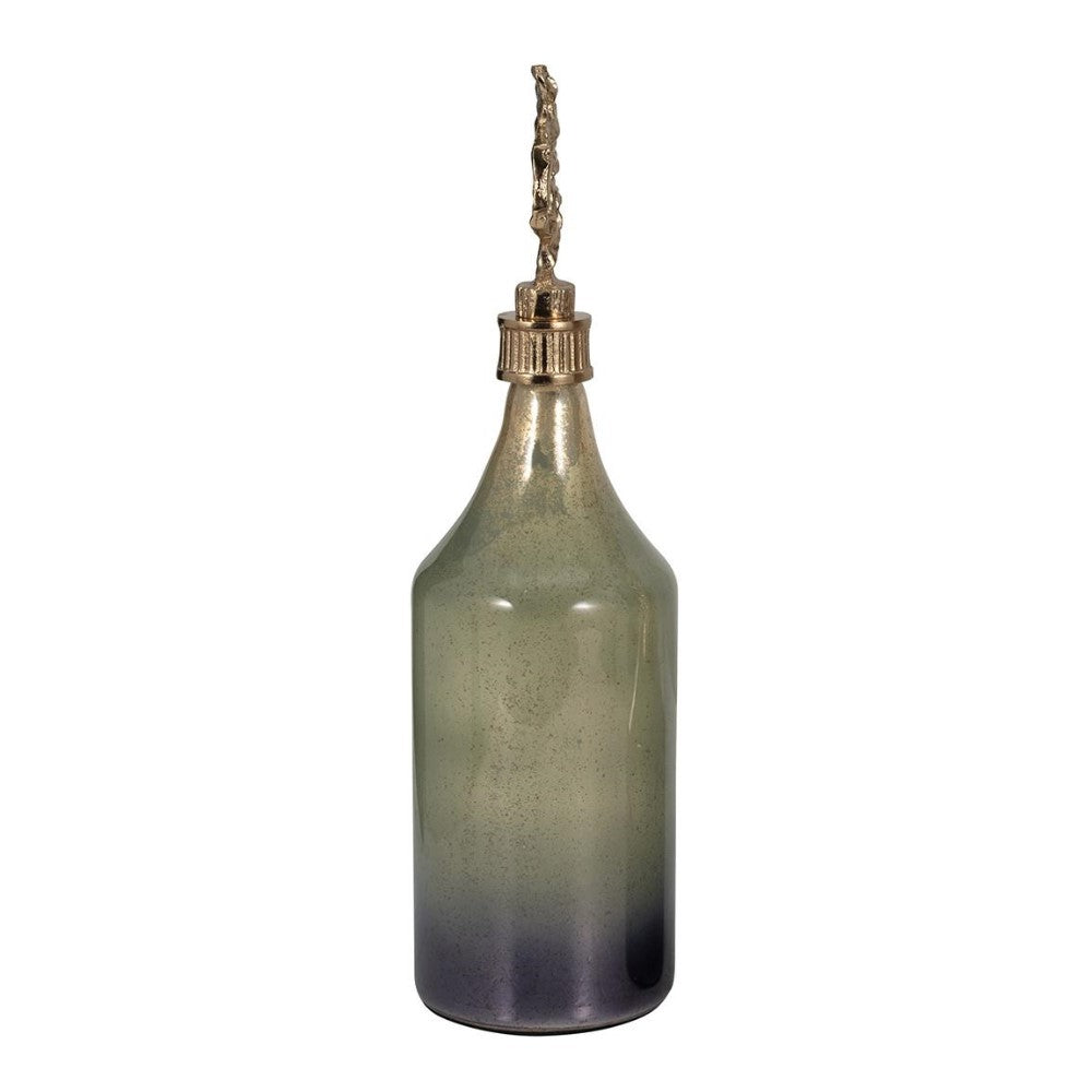 Green glass bottle with decorative metal cap.