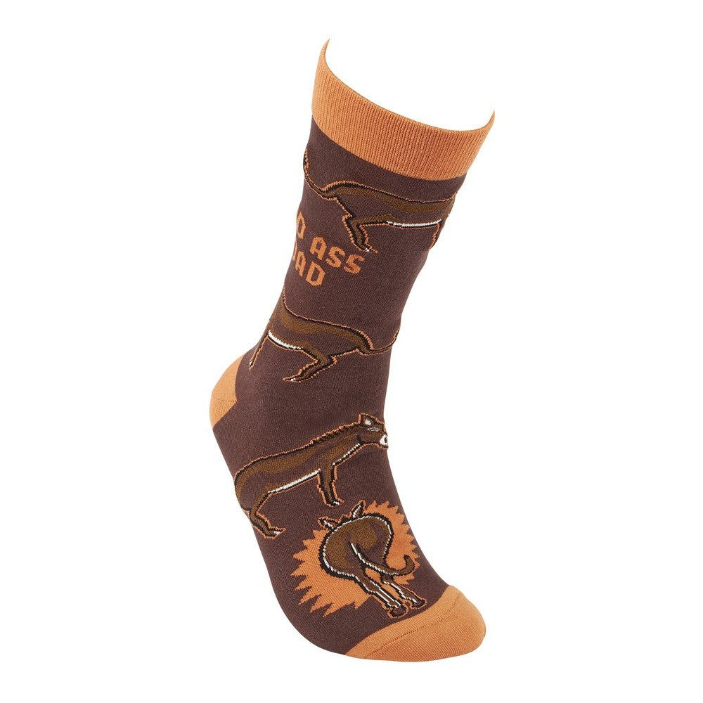 Brown sock with horses and text design.