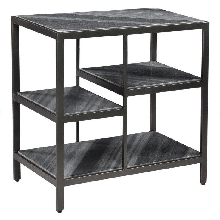 Modern black and grey shelving unit with a geometric design.