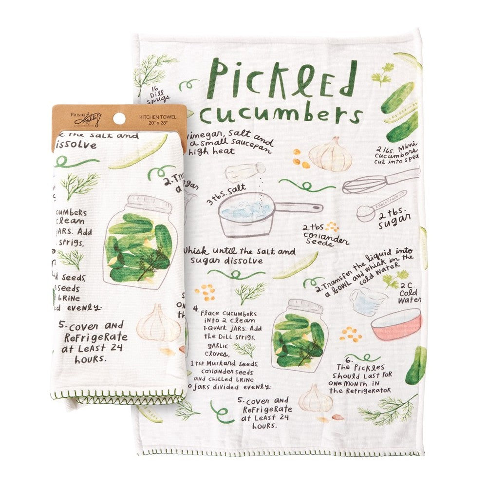Tea towel with a pickled cucumbers recipe and illustrations.