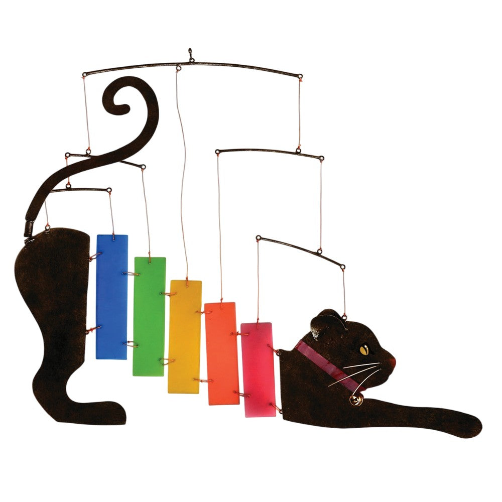 Colorful hanging cat mobile with geometric shapes.