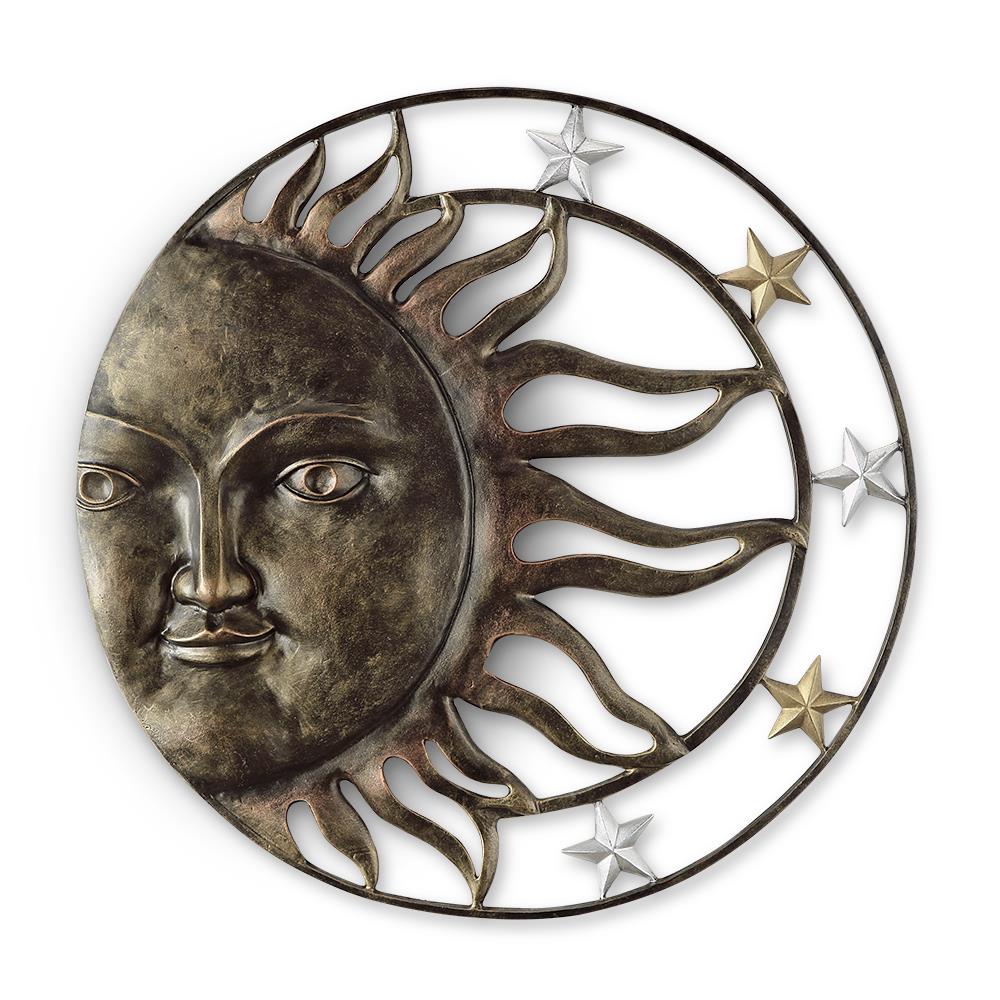 Bronze sun-and-moon face with stars encircling.