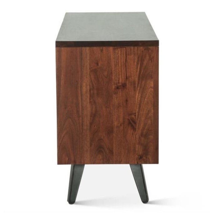 Wooden cabinet viewed from the side with angled legs.