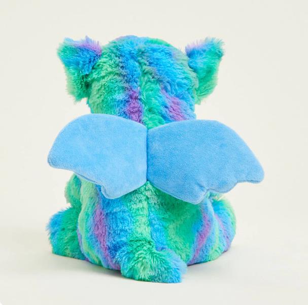 Plush toy with vibrant colors and blue wings, rear view.
