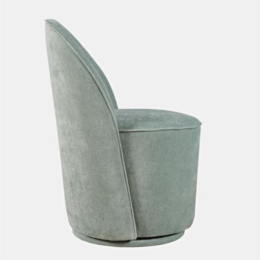 Green fabric swivel chair with a high backrest, side view.