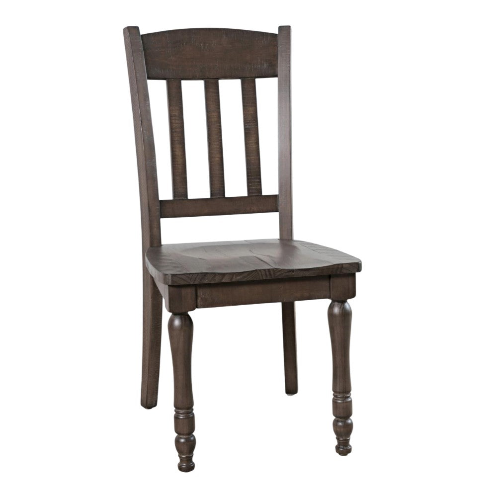 Wooden chair with slatted back and turned legs.
