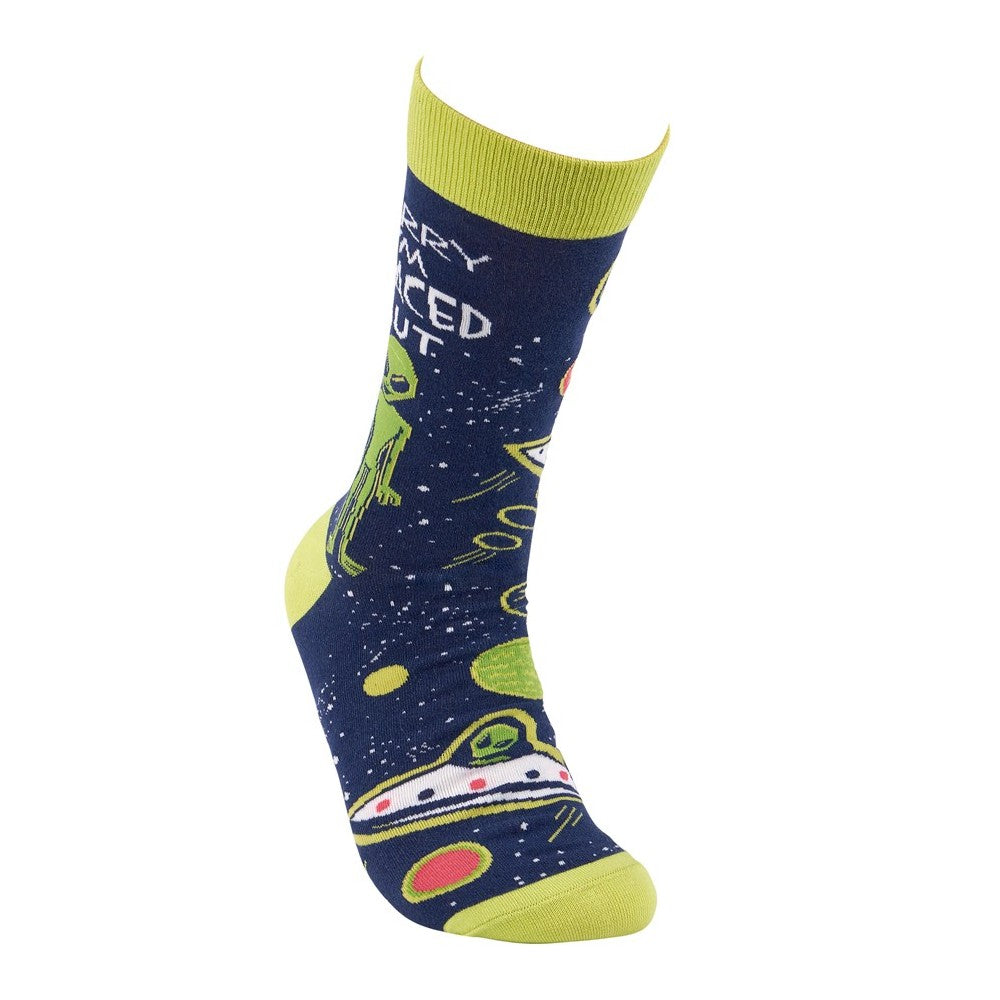 Blue sock with green aliens, spaceship, and space-themed design.