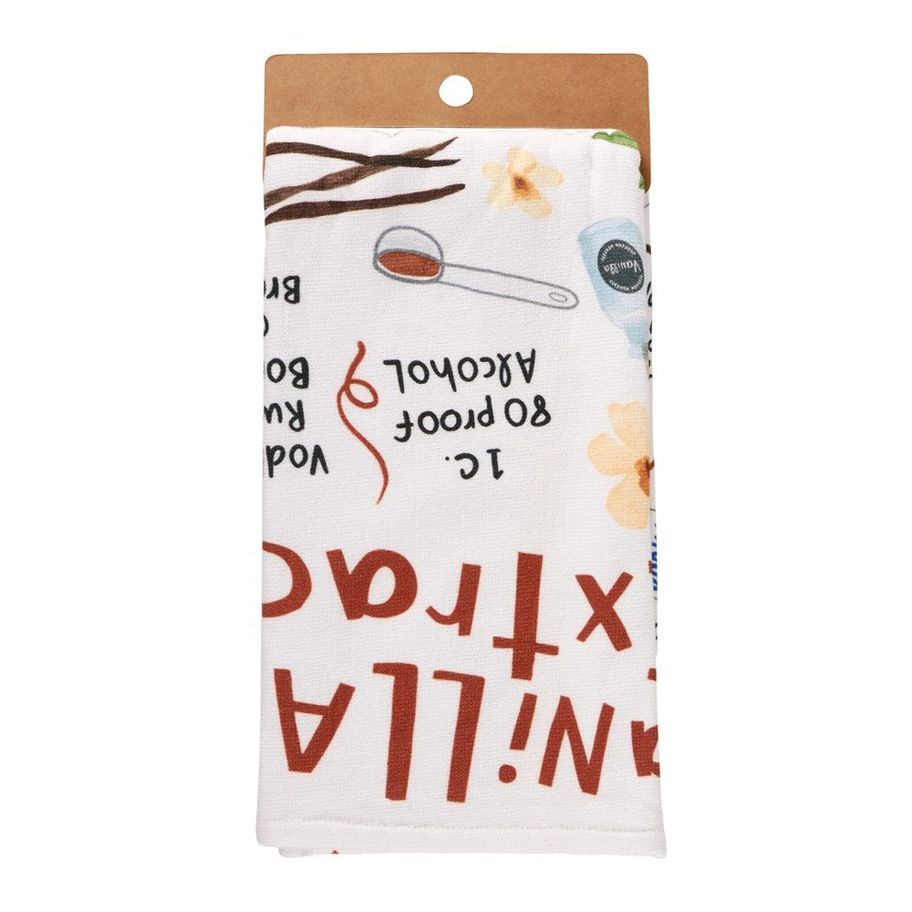 Folded kitchen towel with recipe print and illustrations.