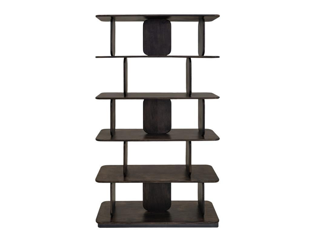 Dark wooden bookshelf with five tiers and unique vertical supports.