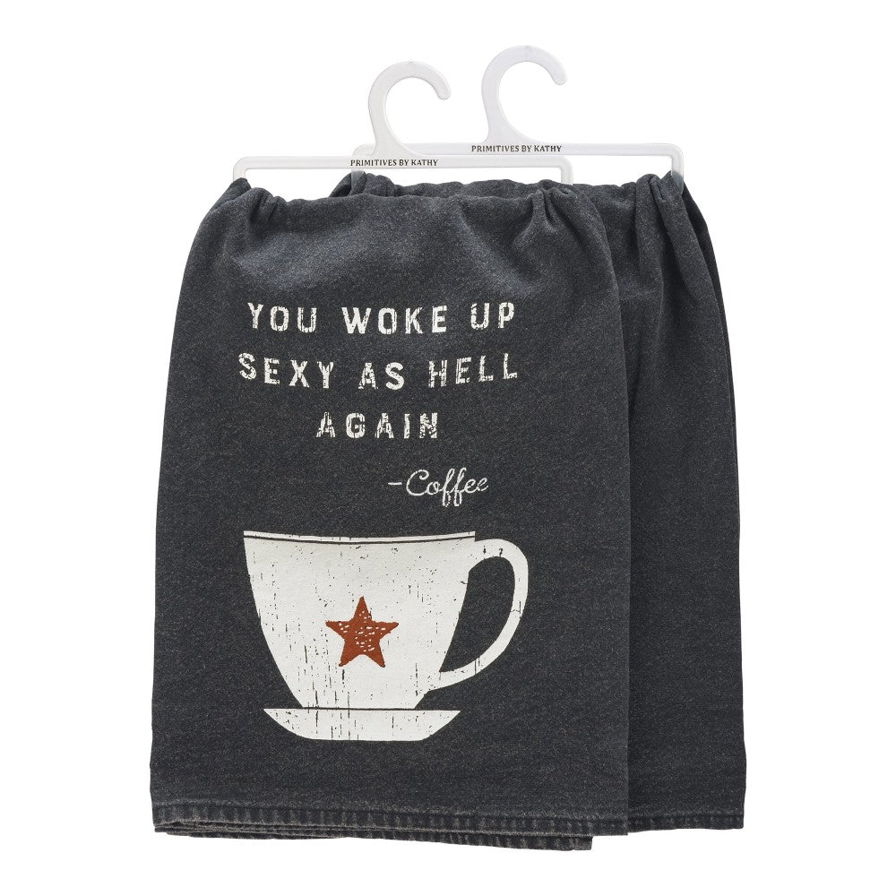 Gray towels with "You woke up sexy as hell again - Coffee" and a cup star print.