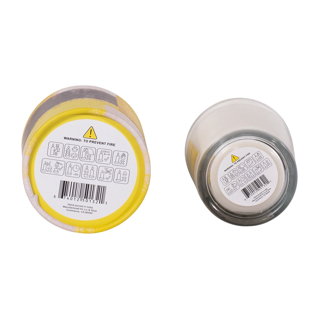 Two candles from the bottom showing warning labels and barcodes.