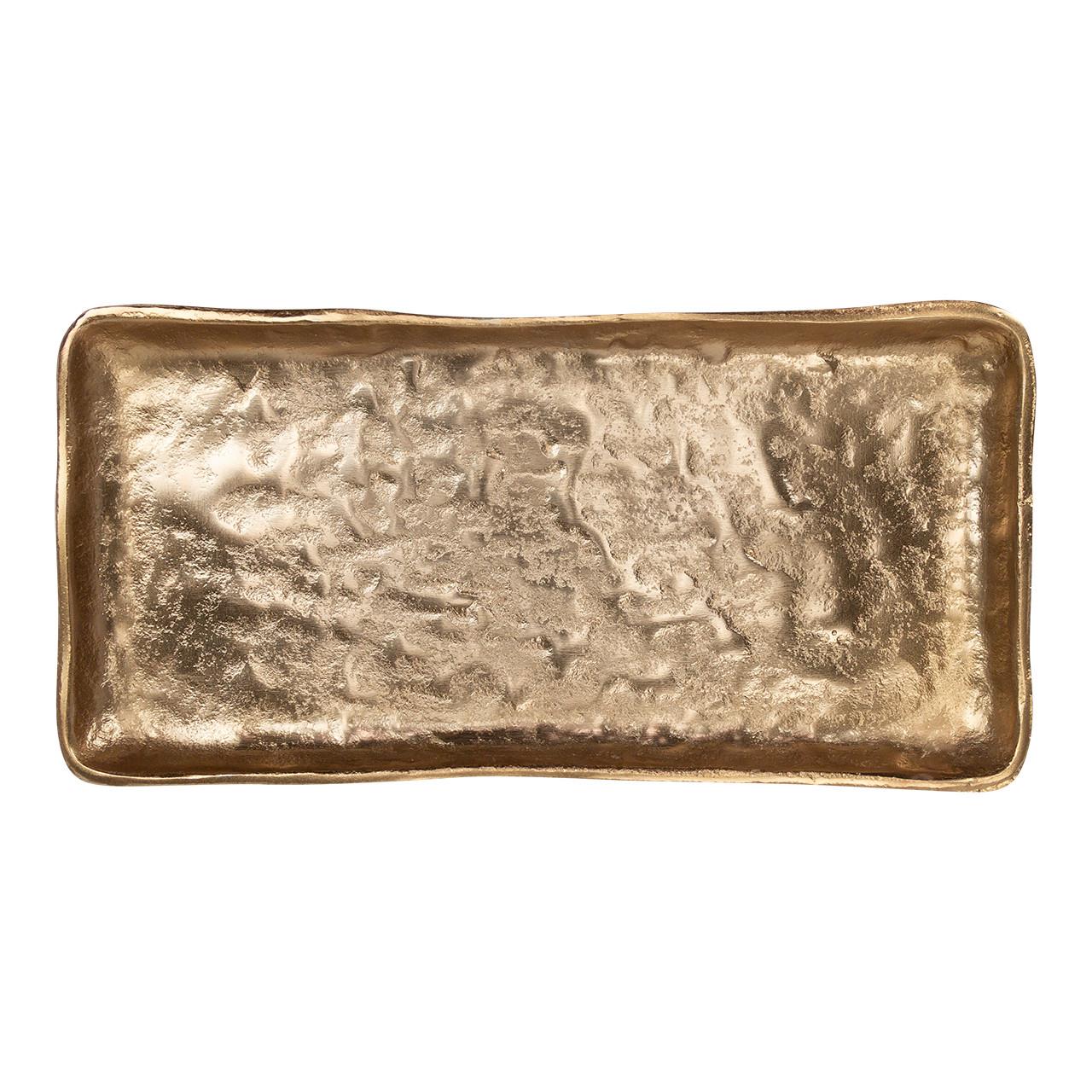 Rectangular, textured gold tray with a metallic sheen.