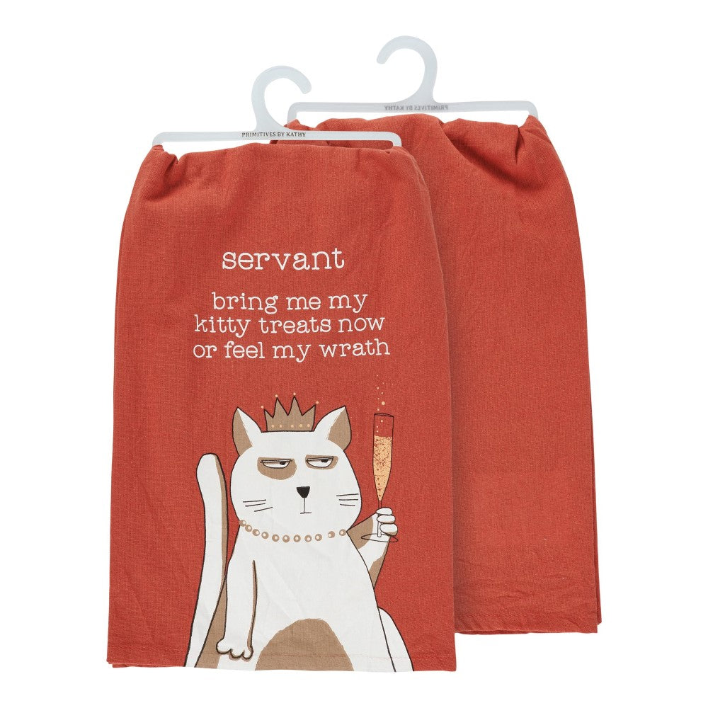 Cat tea towel with crown, glass, text: "Servant, bring treats or feel my wrath."