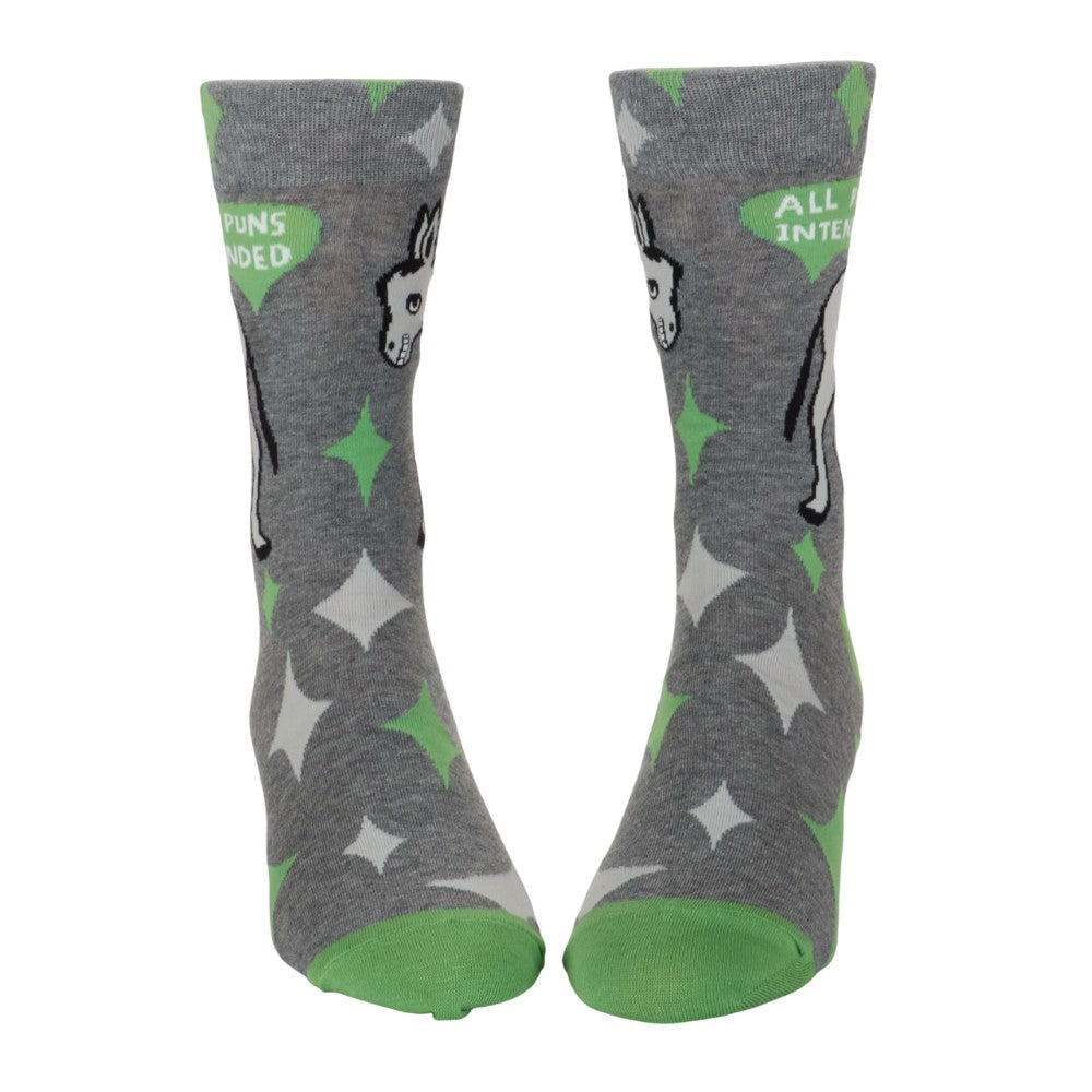 Gray socks with green accents, donkey design, and "No Puns Intended" text.