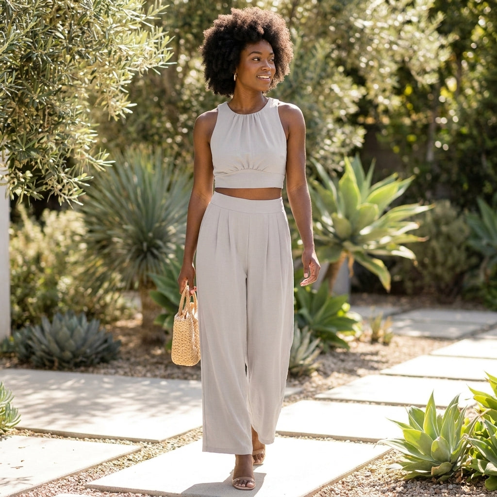 Woman in a light outfit walks in a garden carrying a woven bag.