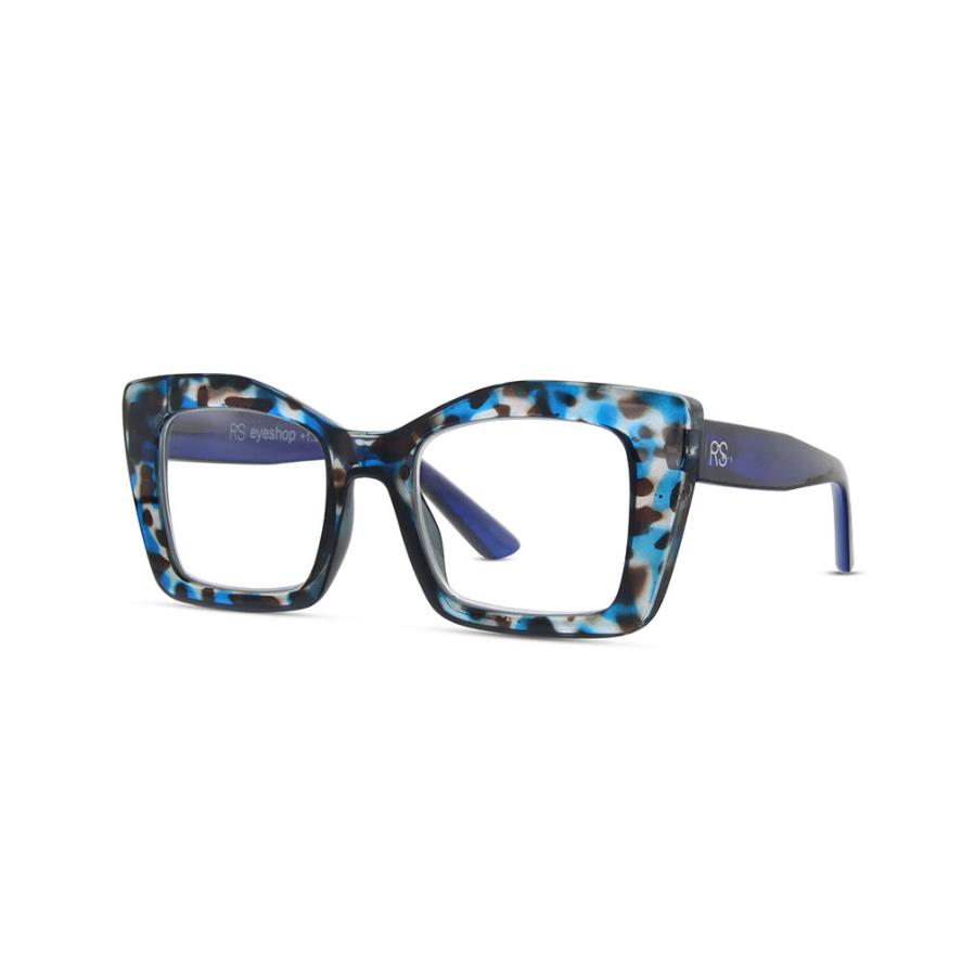 Blue and black tortoiseshell eyeglasses with square frames.