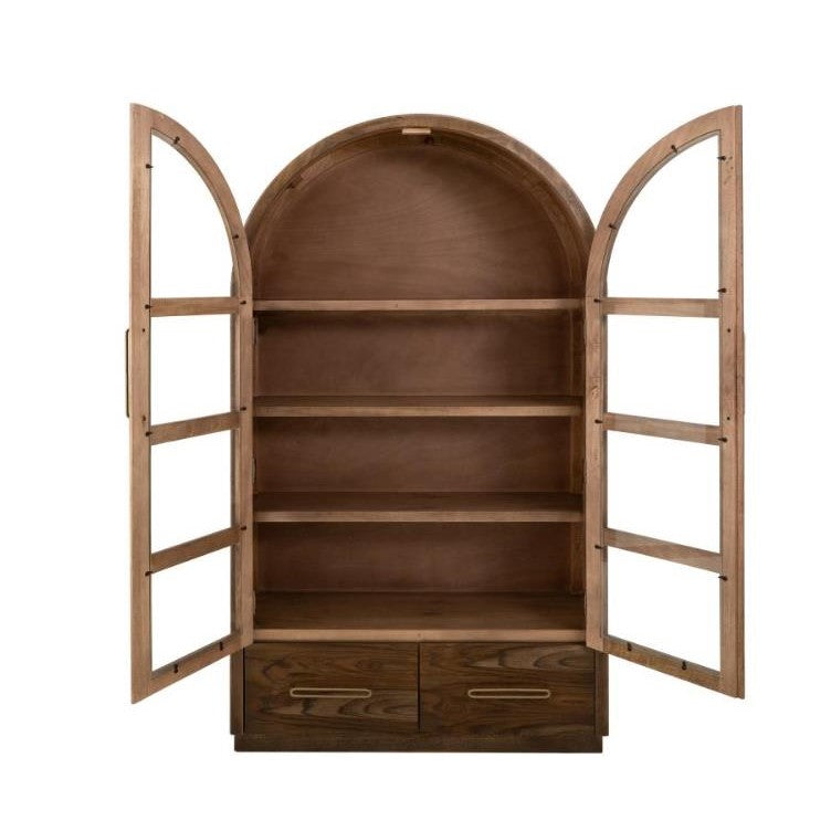 Arched wooden cabinet with glass doors and drawers.