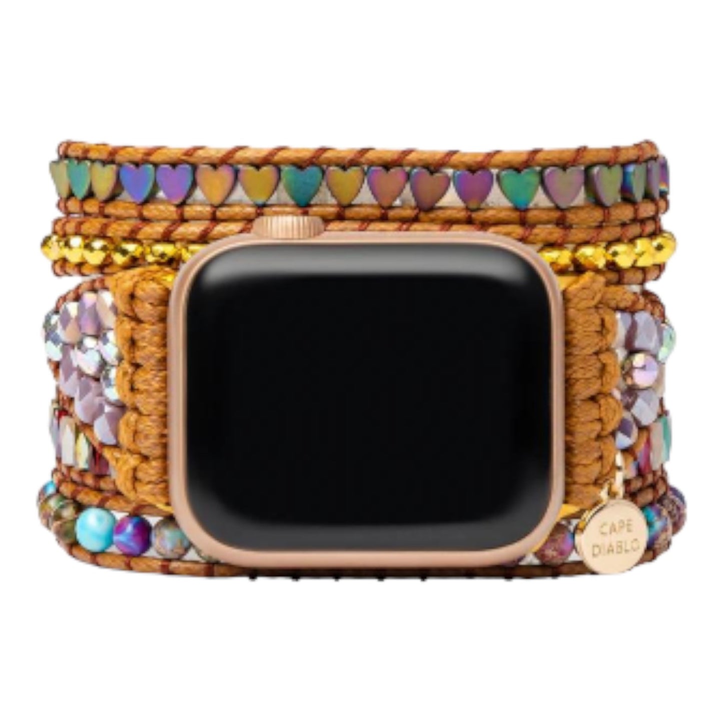 Smartwatch with a colorful, beaded strap featuring hearts and gems.