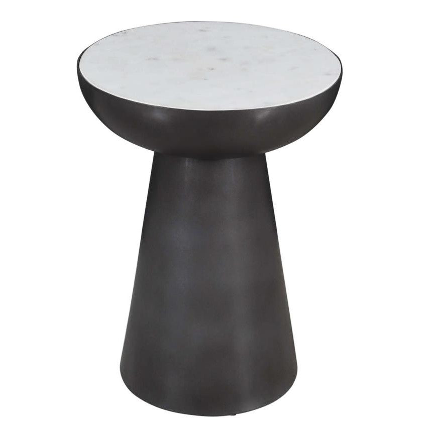 Modern black, cone-shaped side table with a round white top.