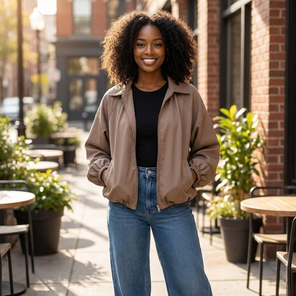A smiling woman in a tan jacket and jeans stands on a sunny café patio.