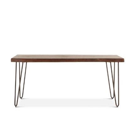 Wooden table with metal hairpin legs.