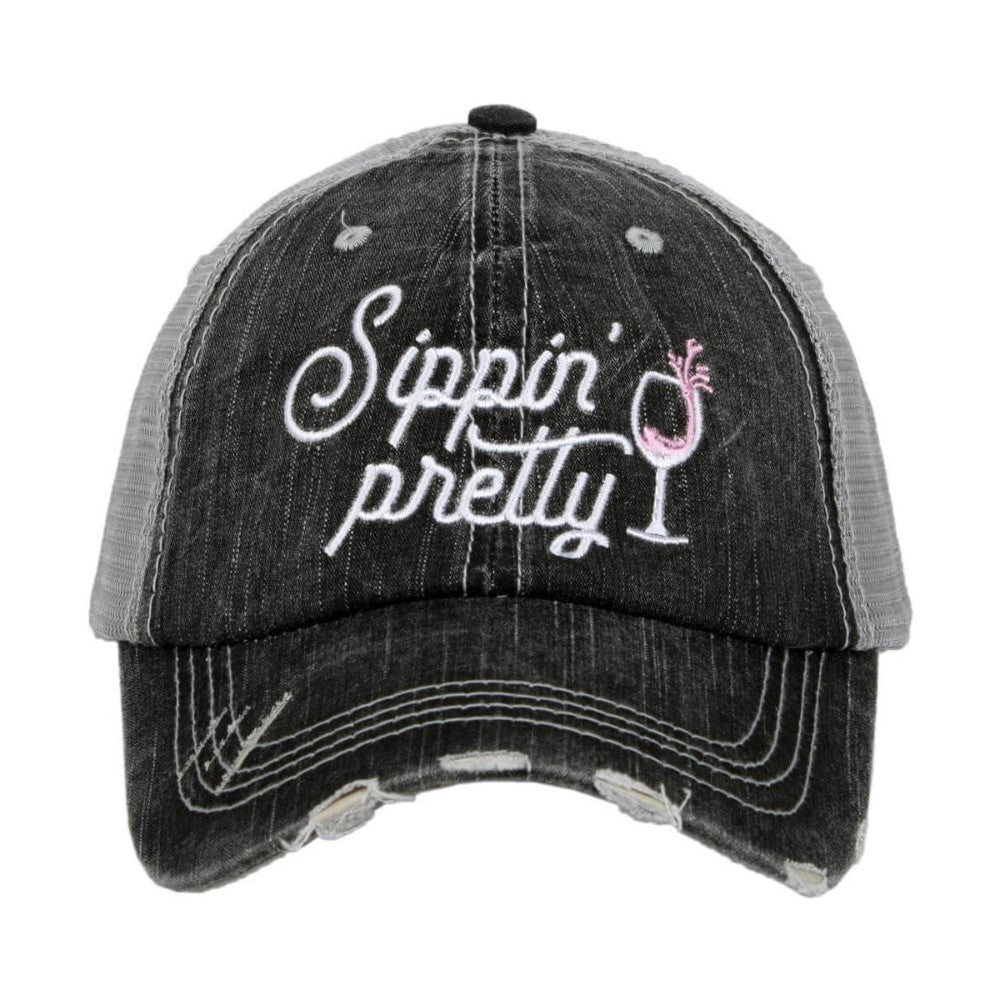 Gray cap with "Sippin' pretty" embroidery and mesh back.