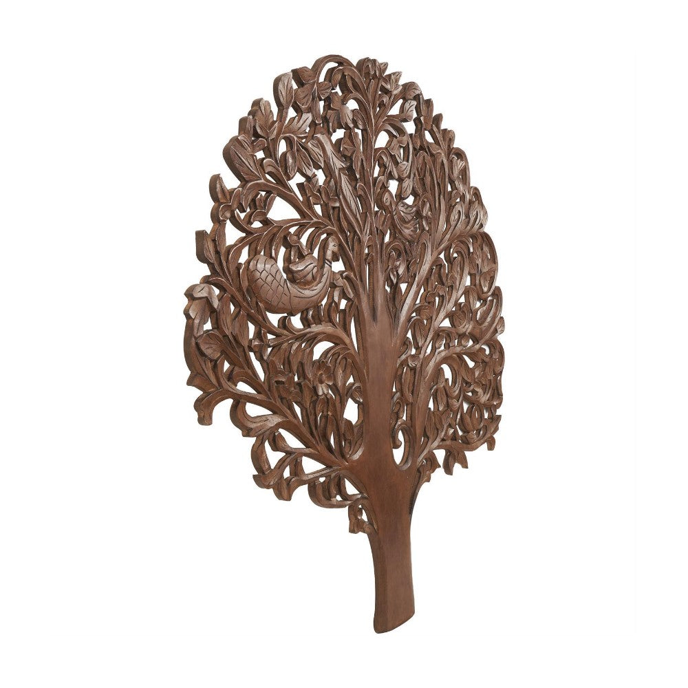 Intricate wooden tree sculpture with swirling branches.