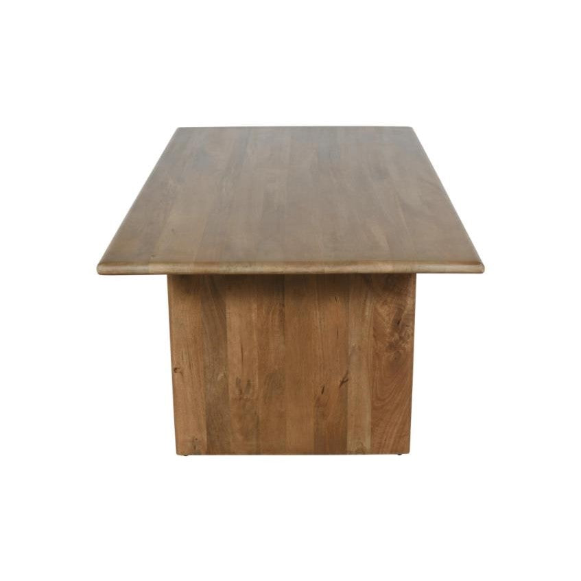 A wooden table with a simple, rectangular design.