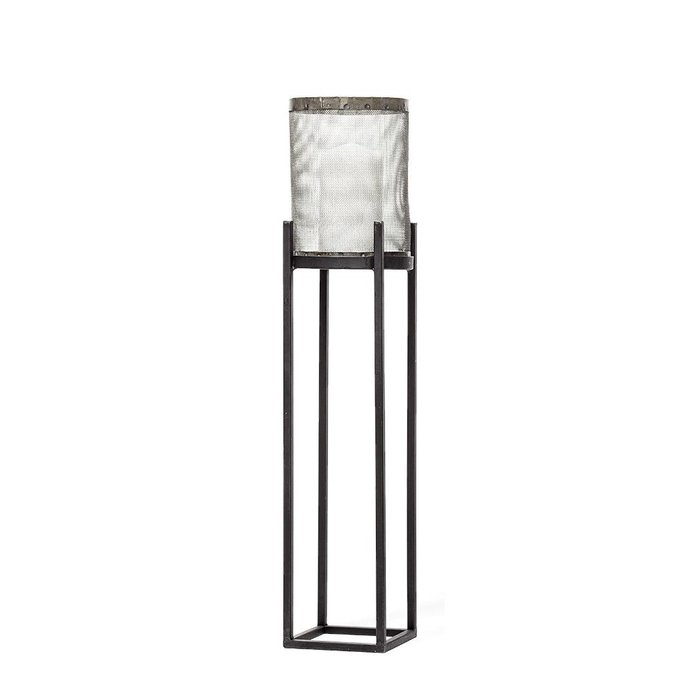 Minimalist metal stand with a mesh container on top.