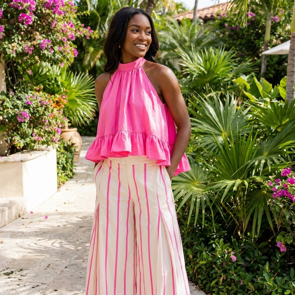 Smiling woman in pink top amid lush greenery and flowers.