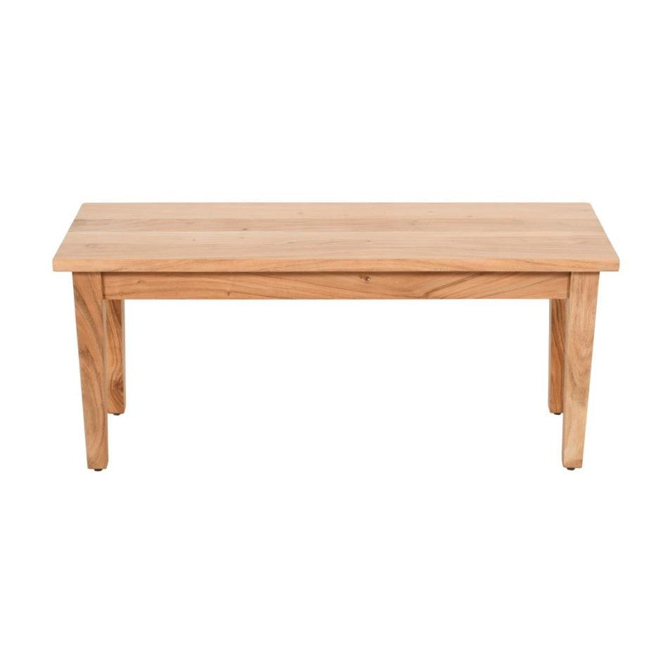 Wooden bench with simple, sturdy design.