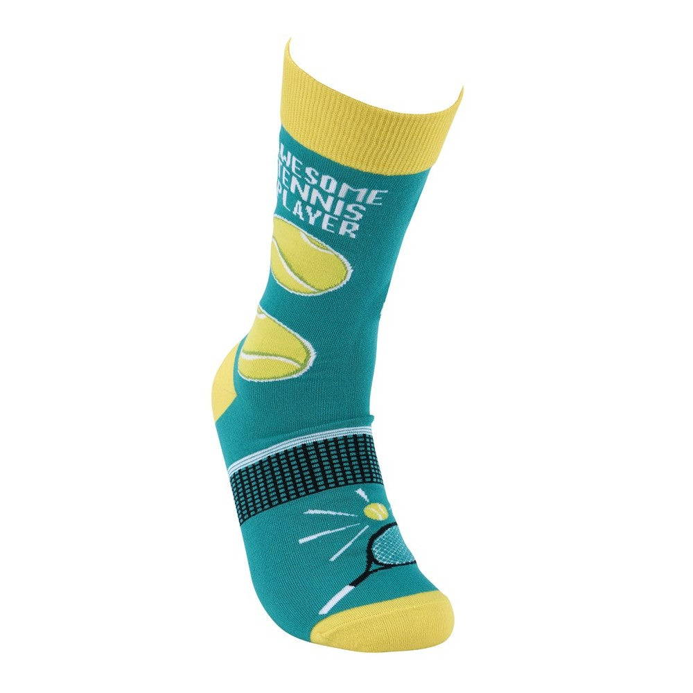 Teal sock with tennis theme and yellow accents.